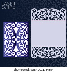 Laser cut wedding invitation card template vector. Die cut paper card with lace pattern. Cutout paper gate fold card for laser cutting or die cutting template.