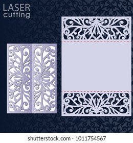 Laser cut wedding invitation card template vector. Die cut paper card with lace pattern. Cutout paper gate fold card for laser cutting or die cutting template.
