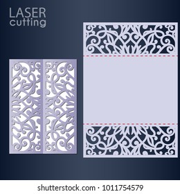 Laser cut wedding invitation card template vector. Die cut paper card with lace pattern. Cutout paper gate fold card for laser cutting or die cutting template.