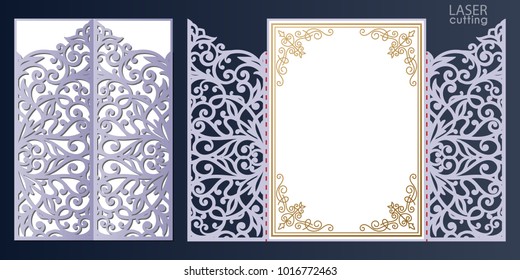 Laser cut wedding invitation card template vector. Die cut paper card with lace pattern. Cutout paper gate fold card for laser cutting or die cutting template.