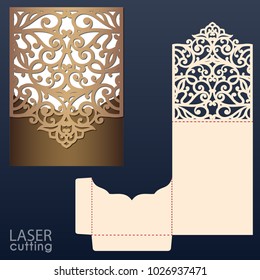 Laser cut wedding invitation card template vector. Wedding invitation or greeting envelope with abstract ornament. Open card. Suitable for greeting cards, invitations, menus.