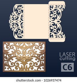 Laser cut wedding invitation card template vector. Wedding invitation or greeting envelope with abstract ornament. Open card. Suitable for greeting cards, invitations, menus.