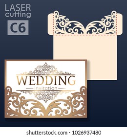 Laser cut wedding invitation card template vector. Wedding invitation or greeting envelope with abstract ornament. Open card. Suitable for greeting cards, invitations, menus.