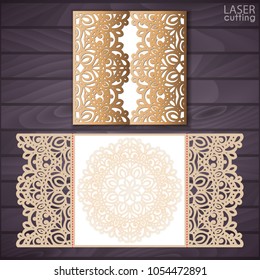 Laser cut wedding invitation card template vector. Die cut paper card with lace pattern. Cutout paper gate fold card for laser cutting or die cutting template.