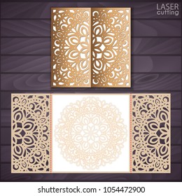 Laser cut wedding invitation card template vector. Die cut paper card with lace pattern. Cutout paper gate fold card for laser cutting or die cutting template.