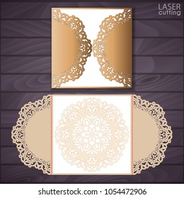 Laser cut wedding invitation card template vector. Die cut paper card with lace pattern. Cutout paper gate fold card for laser cutting or die cutting template.