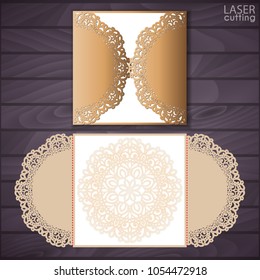 Laser cut wedding invitation card template vector. Die cut paper card with lace pattern. Cutout paper gate fold card for laser cutting or die cutting template.