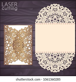Laser cut wedding invitation card template vector. Die cut paper card with lace pattern. Cutout paper gate fold card for laser cutting or die cutting template.