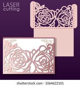Laser cut wedding invitation card template vector with roses pattern. Invitation pocket envelope. Wedding lace invitation mockup. Template for cutting.