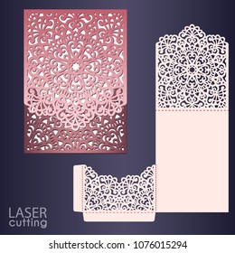 Laser cut wedding invitation card template vector. Wedding invitation or greeting pocket envelope with abstract ornament. Open card. Suitable for greeting cards, invitations, menus.