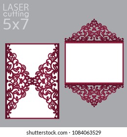 Laser cut wedding invitation card 5x7 template vector. Die cut paper card with lace pattern. Cutout paper gate fold card for laser cutting or die cutting template.
