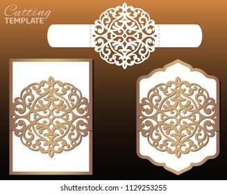 Laser geschnitten Hochzeitseinladungskarte Vorlage Vektorgrafik. Hochzeitseinladung oder Grußkarte mit abstraktem Ornament. Bellyband, offene Karte. Geeignet für Grußkarten, Einladungen, Menüs.
