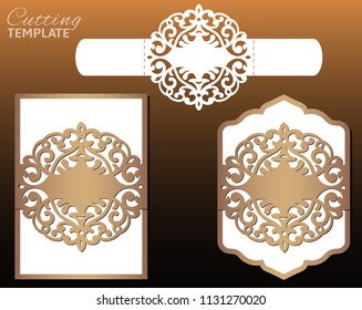 Laser cut wedding invitation card template vector. Wedding invitation or greeting card with abstract ornament. Bellyband, open card. Suitable for greeting cards, invitations, menus.