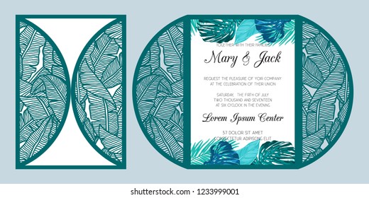 Laser cut wedding invitation card template vector. Die cut paper card with tropical pattern of banana leaves. Cutout paper gate fold card for laser cutting or die cutting template.