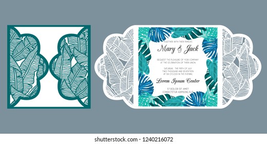 Laser cut wedding invitation card template vector. Die cut paper card with tropical pattern of banana leaves. Cutout paper gate fold card for laser cutting or die cutting template.