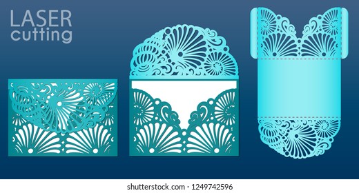 Laser cut wedding invitation card template in marine style, vector. Die cut pocket envelope with pattern of seashells. Suitable for greeting cards, invitations, menus.