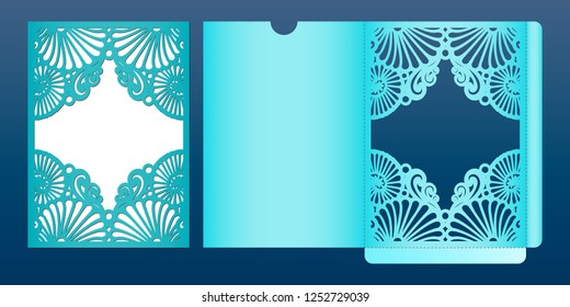 Laser cut wedding invitation card template in marine style, vector. Die cut pocket envelope with pattern of seashells. Suitable for greeting cards, invitations, menus.