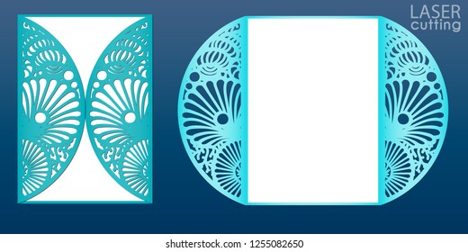 Laser cut wedding invitation card template in marine style, vector. Die cut paper card with pattern of seashells and stars. Cutout paper gate fold card for laser cutting or die cutting template.