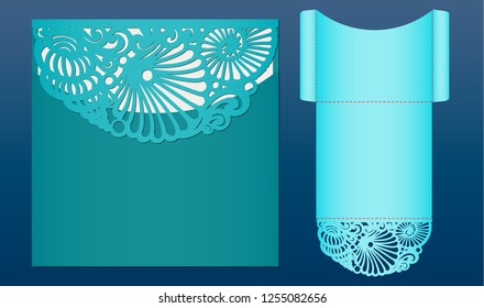 Laser cut wedding invitation card template in marine style, vector. Die cut pocket envelope with pattern of seashells. Suitable for greeting cards, invitations, menus.
