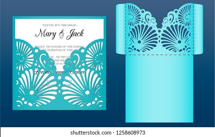 Laser cut wedding invitation card template in marine style, vector. Die cut pocket envelope with pattern of seashells. Suitable for greeting cards, invitations, menus.