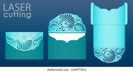 Laser cut wedding invitation card template in marine style, vector. Die cut pocket envelope with pattern of seashells. Suitable for greeting cards, invitations, menus.
