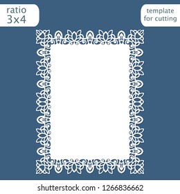 Laser cut wedding invitation card template with openwork border.  Cut out the paper card with lace pattern.  Greeting card template for cutting plotter. Vector.
