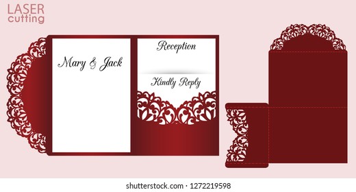 Laser cut wedding invitation card template with lace pattern, vector. Die cut Tri fold pocket envelope with swirls. Wedding lace invitation mockup. Suitable for greeting cards, invitations, menus.