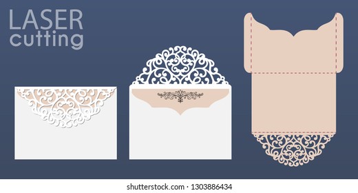 Laser cut wedding invitation card template vector. Pocket envelope with abstract ornament. Open card. Suitable for greeting cards, invitations, menus.