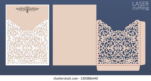 Laser cut wedding invitation card template vector. Pocket envelope with abstract ornament. Open card. Suitable for greeting cards, invitations, menus.