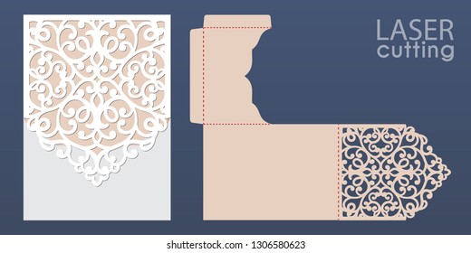 Laser cut wedding invitation card template vector. Pocket envelope with abstract ornament. Open card. Suitable for greeting cards, invitations, menus.