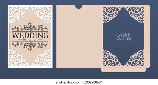 Laser cut wedding invitation card template vector. Pocket envelope with abstract ornamental frame. Open card. Suitable for greeting cards, invitations, menus.