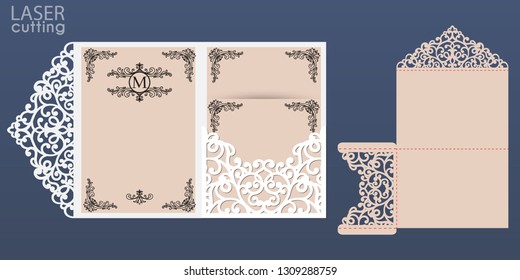 Laser cut wedding invitation card vector template. Tri fold pocket envelope. Wedding lace invitation mockup.