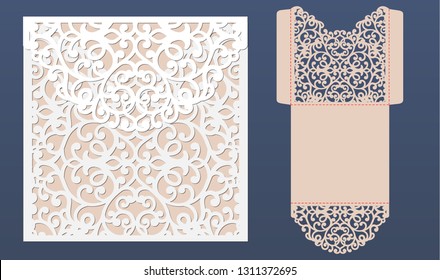 Laser cut wedding invitation card template vector. Pocket envelope with abstract ornament. Open card. Suitable for greeting cards, invitations, menus.