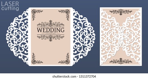 Laser cut wedding invitation card template vector. Die cut paper card with lace pattern. Cutout paper gate fold card for laser cutting or die cutting template.