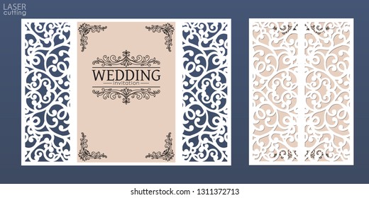 Laser cut wedding invitation card template vector. Die cut paper card with lace pattern. Cutout paper gate fold card for laser cutting or die cutting template.