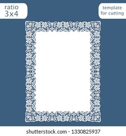 Laser cut wedding invitation card template with openwork border.  Cut out the paper card with lace pattern.  Greeting card template for cutting plotter. Vector.