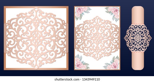 Laser cut wedding invitation card template vector. Wedding invitation or greeting card with Belly Band. Open card with rose flowers. Suitable for greeting cards, invitations, menus. svg