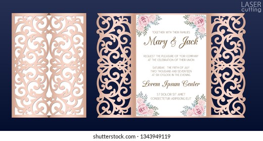 Laser cut wedding invitation card template vector. Die cut paper card with lace pattern. Cutout paper gate fold card for laser cutting or die cutting template. Wedding invitation with rose flowers.