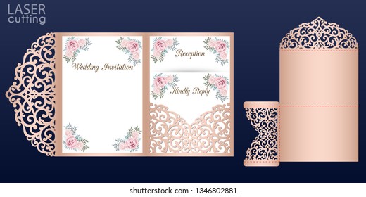 Laser cut wedding invitation card vector template. Tri fold pocket envelope. Wedding lace invitation mockup with rose flowers.