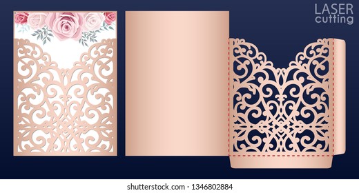 Laser cut wedding invitation card template vector. Wedding pocket envelope or greeting card with lace pattern. Open card with roses. Suitable for greeting cards, invitations, menus.