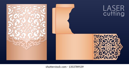 Laser cut wedding invitation card template vector. Pocket envelope with abstract ornament. Open card. Suitable for greeting cards, invitations, menus.