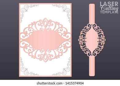 Laser cut wedding invitation card template vector. Wedding invitation or greeting card with Belly Band. Open card. Suitable for greeting cards, invitations, menus. svg
