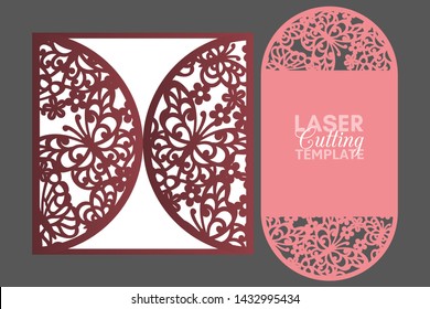 Laser cut wedding invitation card with pattern of butterflies and flowers template vector. Cutout paper gate fold card cutting template. Suitable for greeting cards, invitations, menus.