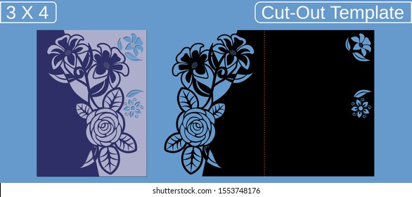 Laser cut wedding invitation card template.  Cut out the paper card with floral pattern.  Greeting card with an aspect ratio of 3 to 4 when closed. Card with a bend to close.