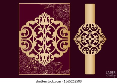 Laser cut wedding invitation card template vector. Wedding invitation or greeting card with Belly Band. Open card. Suitable for greeting cards, invitations, menus. svg