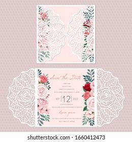 Laser cut wedding invitation card template vector with an internal card with roses. Cutout paper gate fold card with pattern of roses.