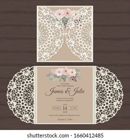 Laser cut wedding invitation card template vector with an internal card with flowers. Cutout paper gate fold card in rustic style.