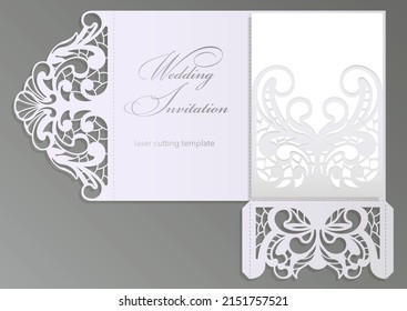 Laser cut wedding invitation card template vector. Pocket envelope with abstract ornament. Open card. Suitable for greeting cards, invitations, menus.