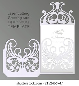 Laser cut wedding invitation card template vector. Pocket envelope with abstract ornament. Open card. Suitable for greeting cards, invitations, menus.