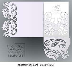 Laser cut wedding invitation card template vector. Pocket envelope with abstract ornament. Open card. Suitable for greeting cards, invitations, menus.
